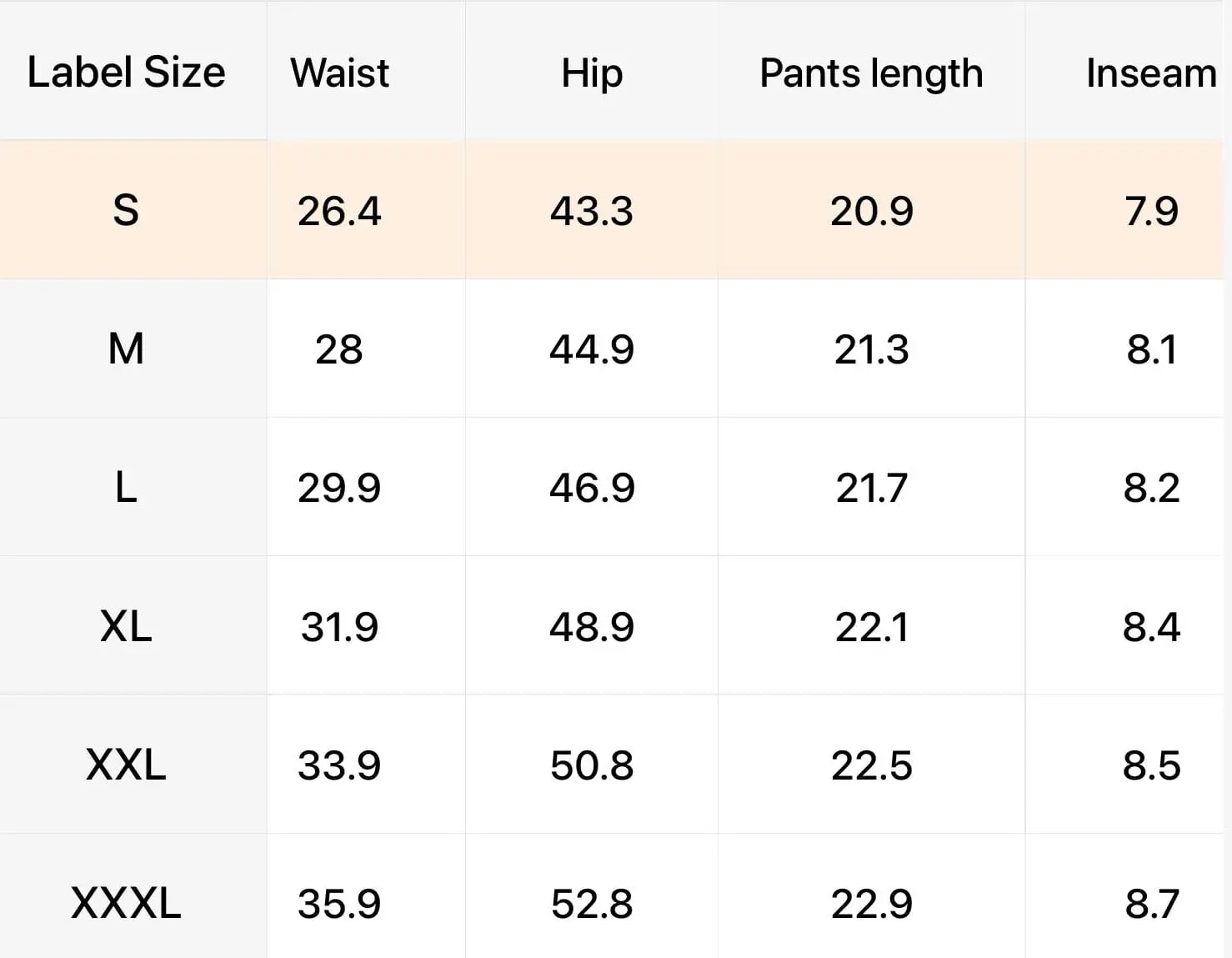 Women's pants size chart with waist, hip, and length measurements.