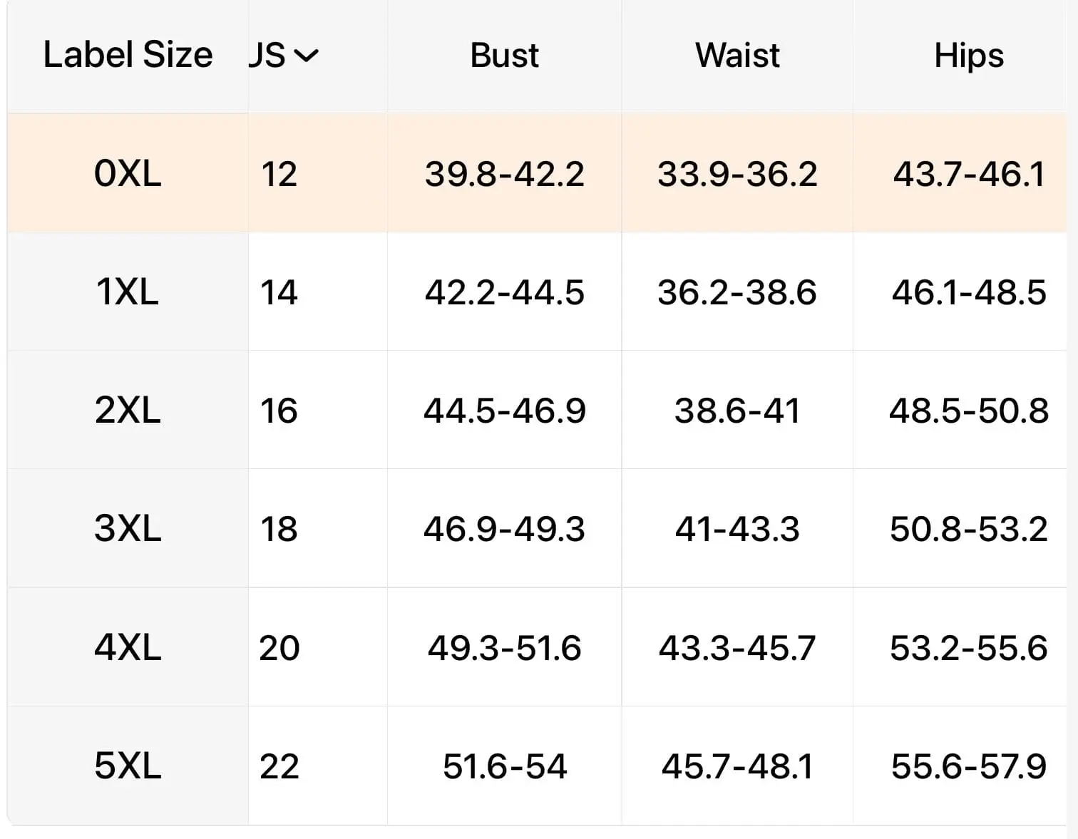 A size chart listing measurements for bust, waist, and hips.