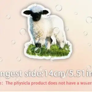 A sticker showing a sheep and a lamb on grass with measuring bubbles around.