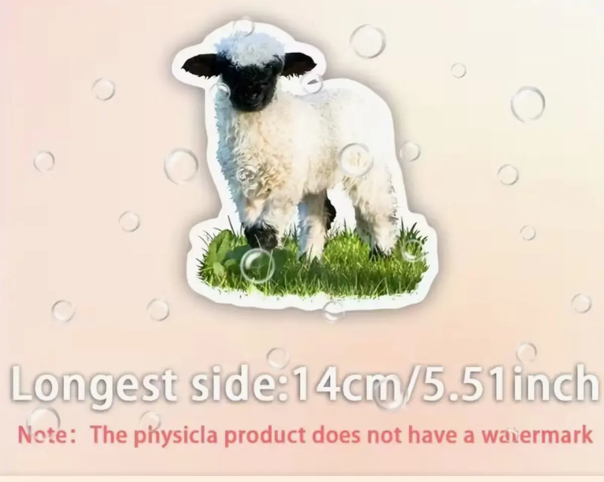 A sticker showing a sheep and a lamb on grass with measuring bubbles around.